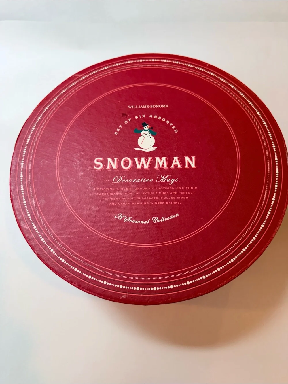 Williams Sonoma Snowman Mugs Set of 6 White Ceramic Holiday Winter Box Vintage